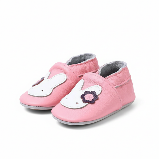 Pink leather bunny baby booties soft sole toddler shoes