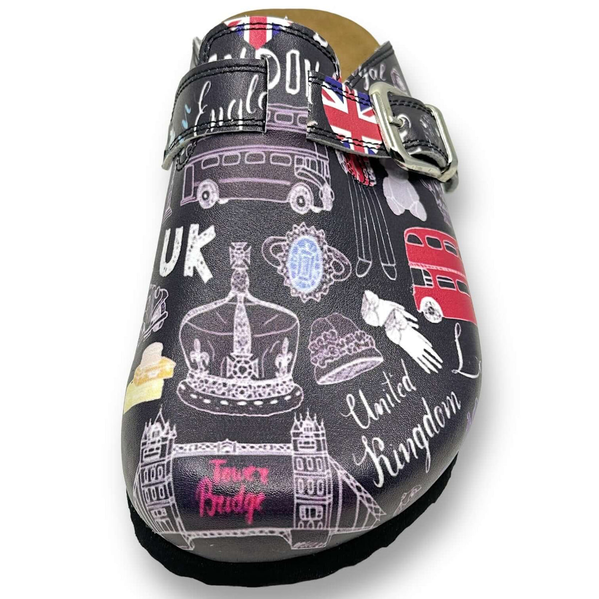 Heel and back view of handmade unisex orthopedic London design leather clogs with a cork sole