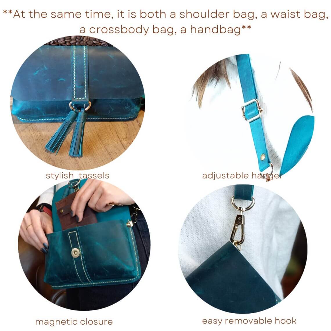 Close-up of the stitching on handmade blue leather waist bum bag