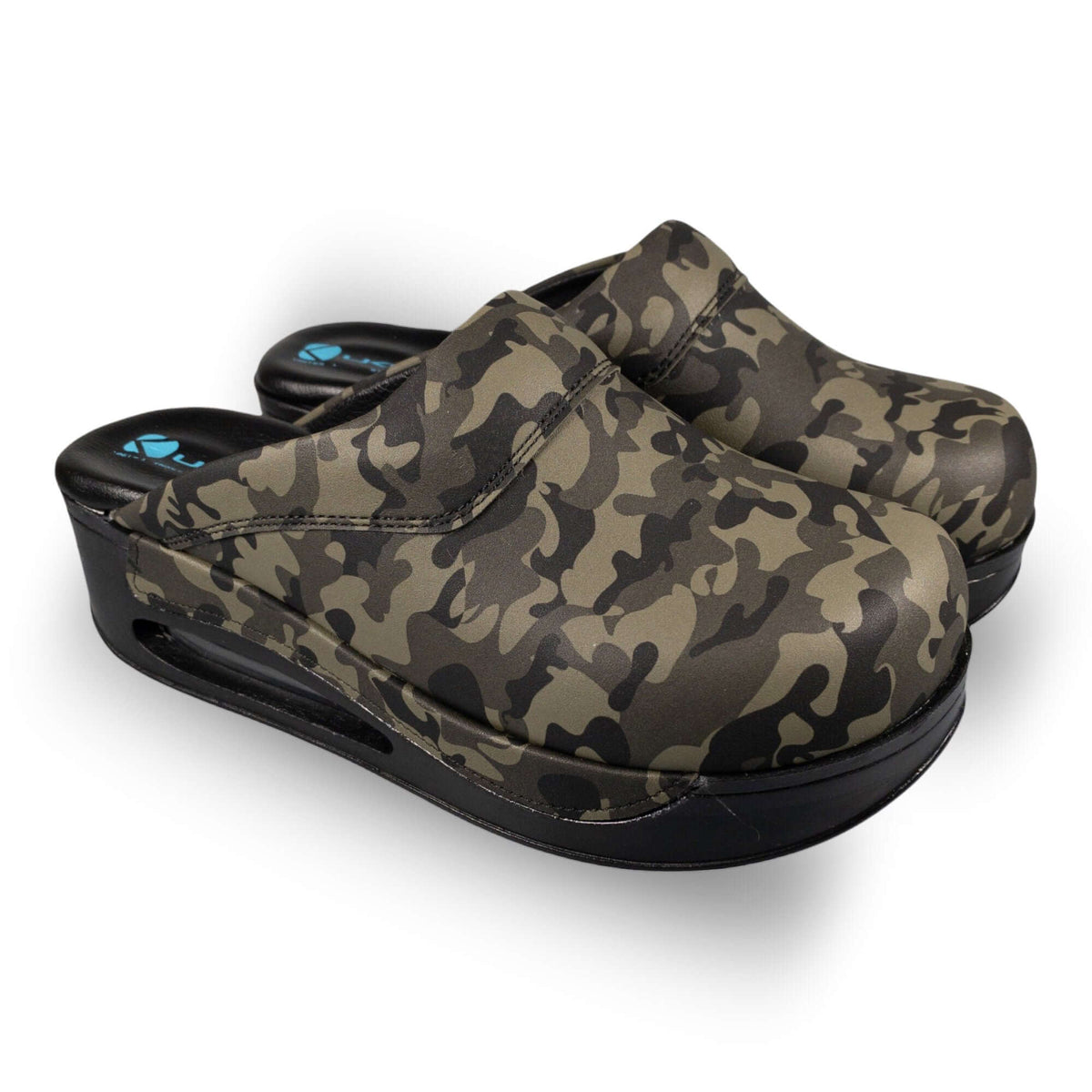 Top-down view of camouflage print leather clogs with a black Air Clogx sole
