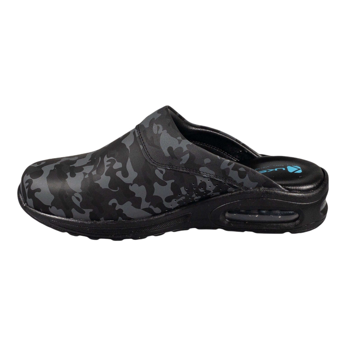 Top-down view of camouflage leather clogs with a light Air Clogx sole