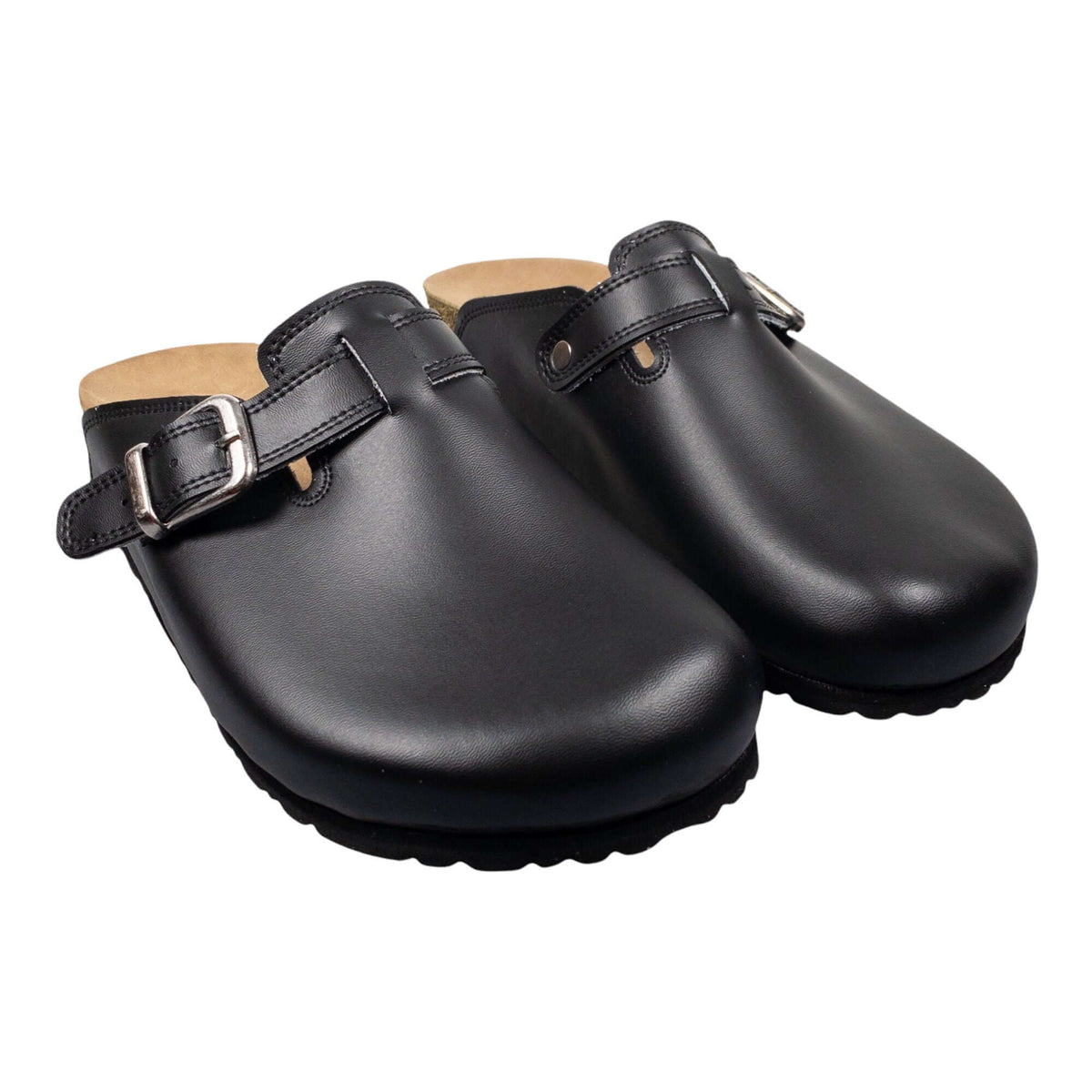 Pair of black leather cork sole clogs side by side