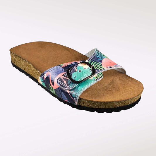 Side profile of artisan flamingo design open toe leather sandals