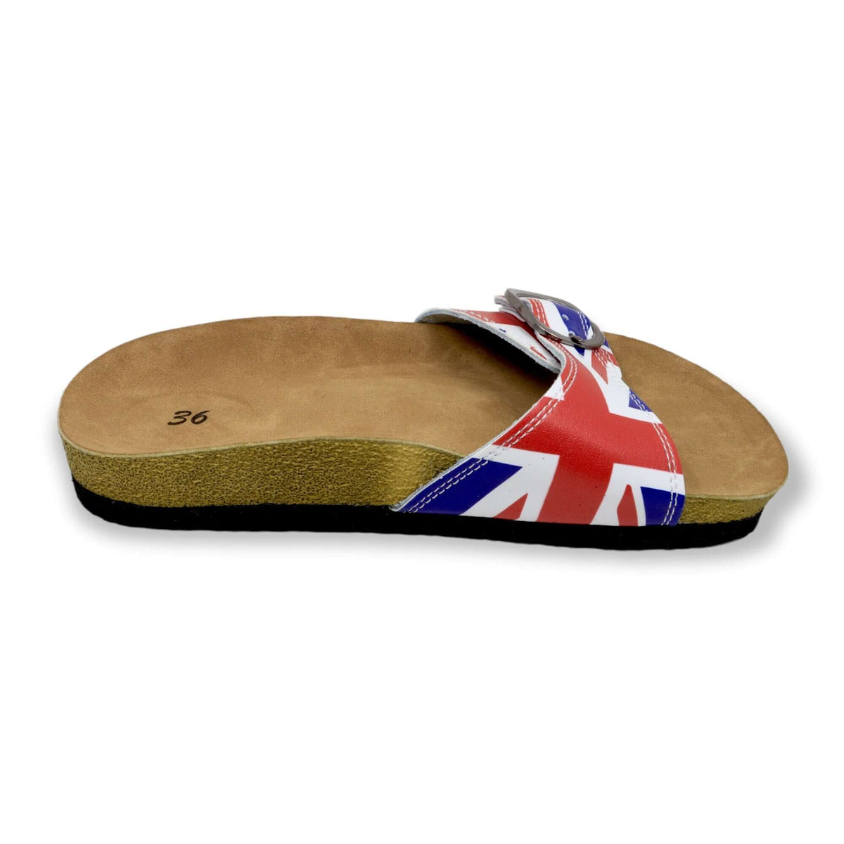Footbed detail of British flag single band open toe leather sandals