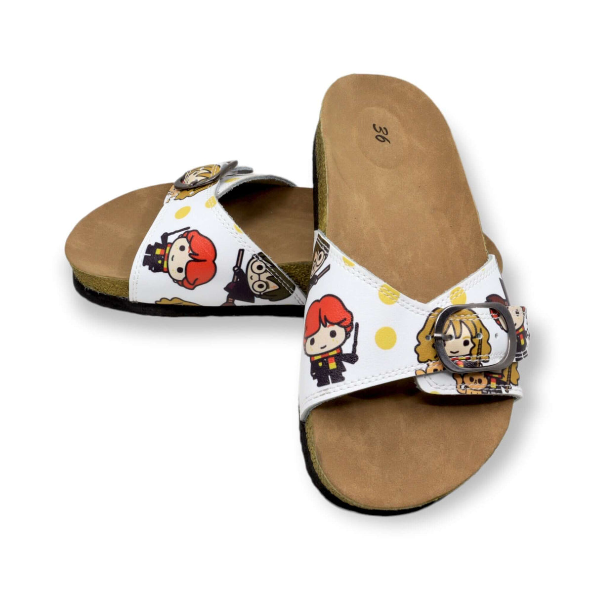 Footbed detail of wizard design single band open toe leather sandals