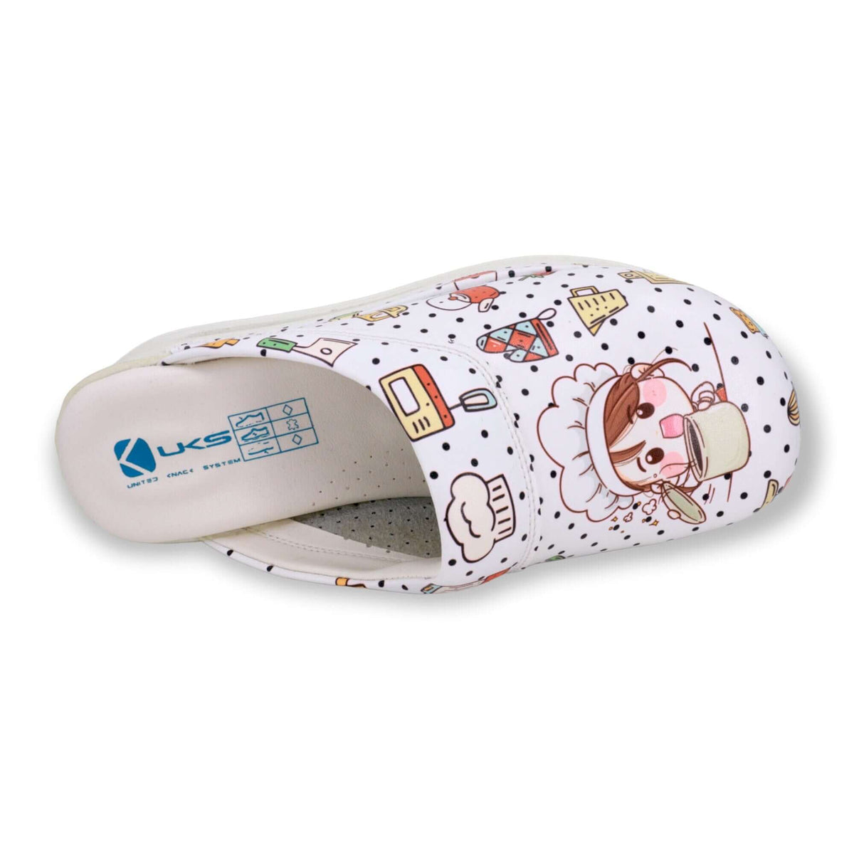 Heel and back view of handmade chef girl design leather clogs with an Air Clogx sole
