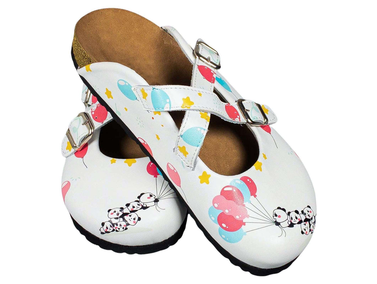 Angled three-quarter view of orthopedic panda balloon cross band clogs with a cork sole