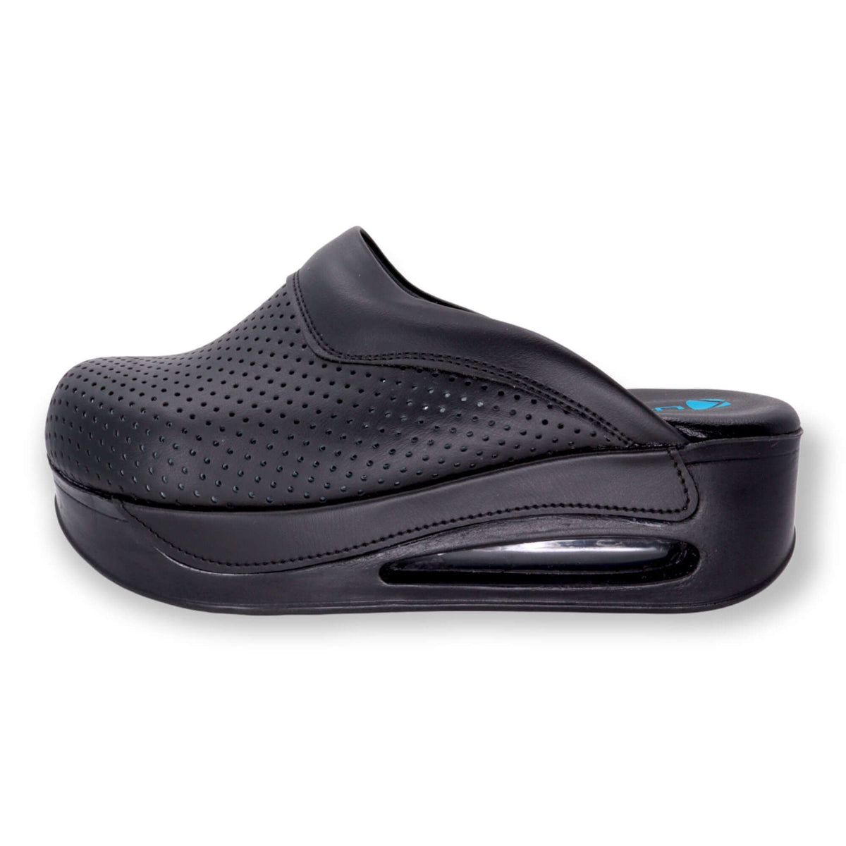 Top-down view of handmade black leather clogs with an Air Clogx sole