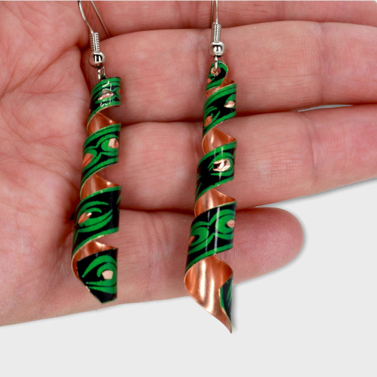 Back view of handcrafted artisan green auger copper earrings