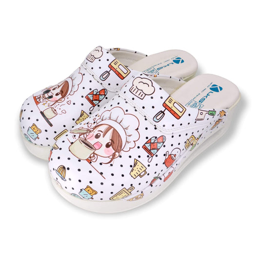 Side profile of handmade chef girl design leather clogs with an Air Clogx sole