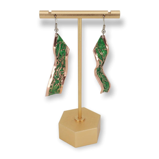 Close-up of the copper texture on handcrafted artisan green wrinkled copper earrings