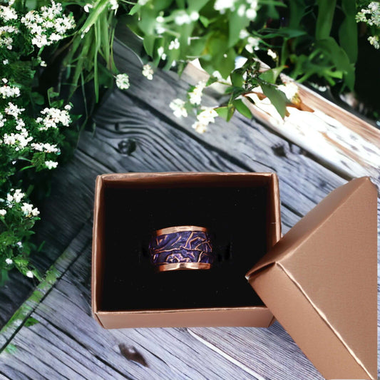 Close-up of the copper texture on purple wrinkled copper adjustable ring