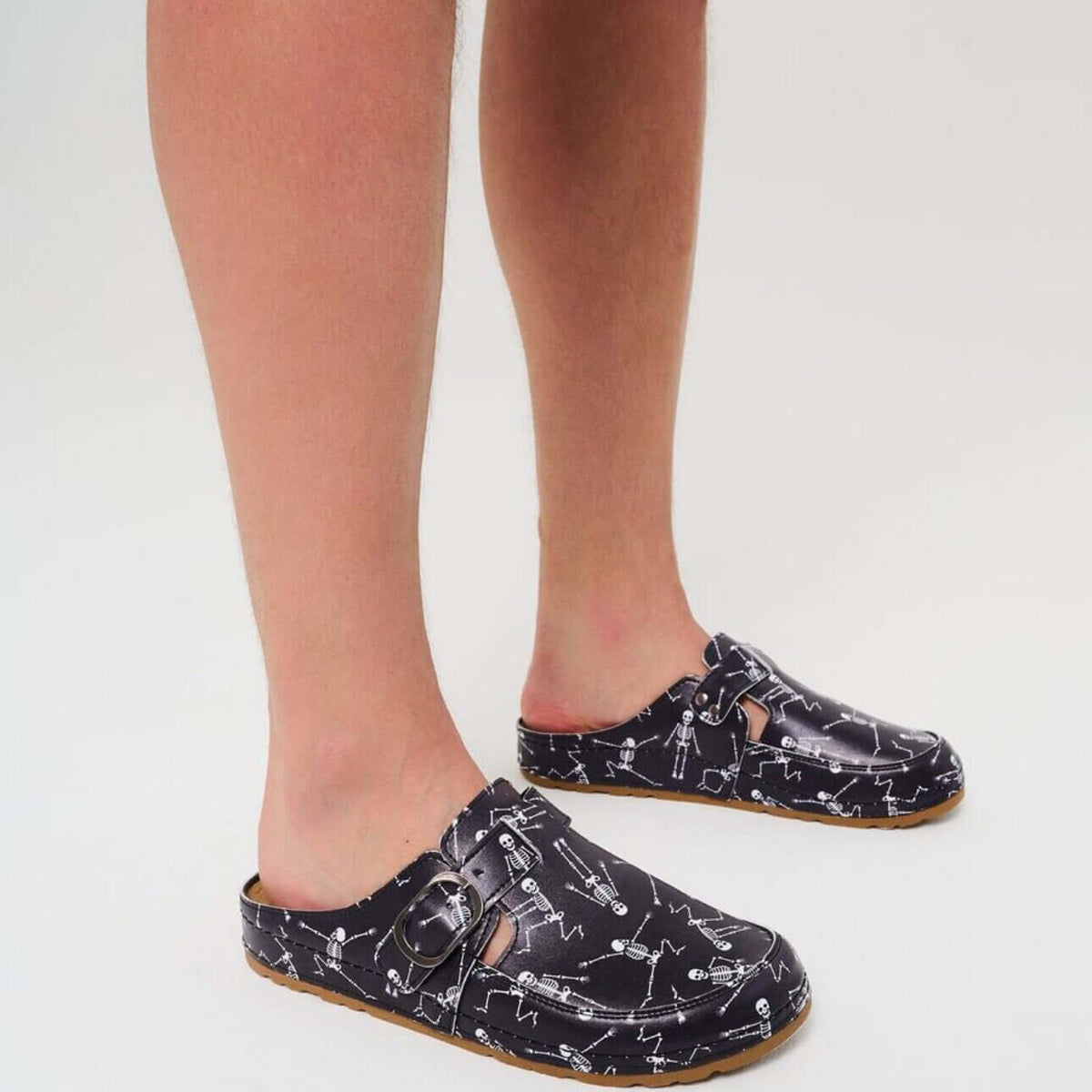 Close-up of the printed design on unisex orthopedic vegan skeleton print clog slippers