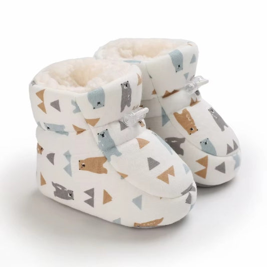 Fleece-Lined Baby Winter Booties with Bear and Triangle Print, Non-Slip Sole, 0-18 Months, White