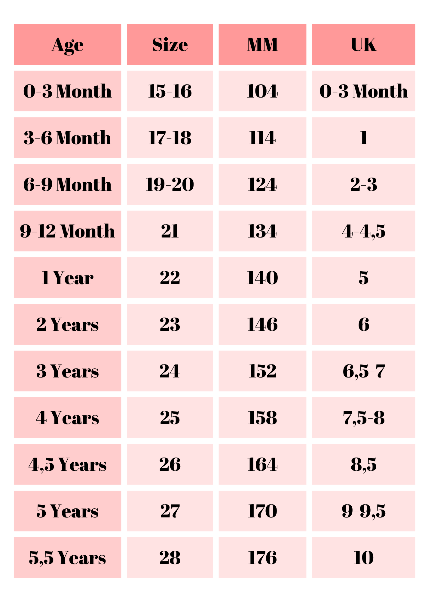 Baby Child Shoes Size Chart