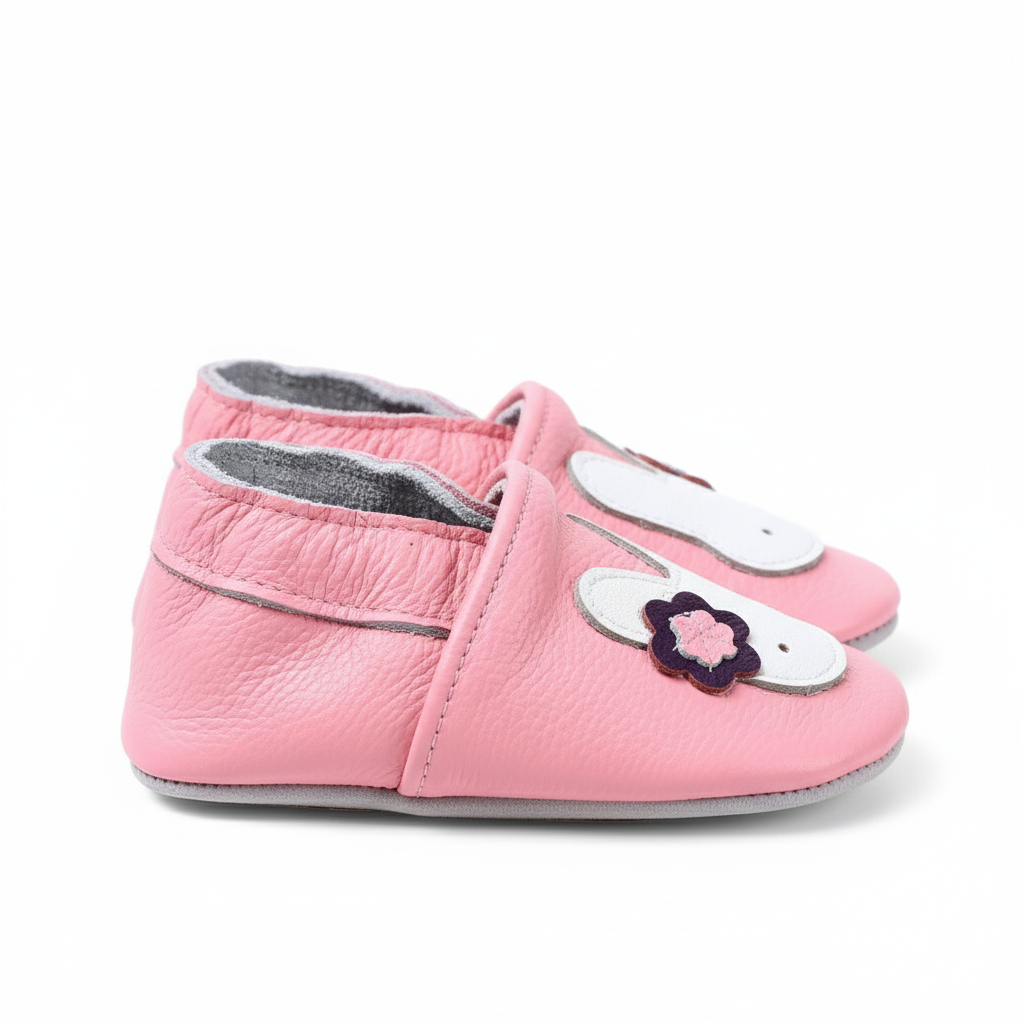 Pink bunny leather baby shoes soft sole booties