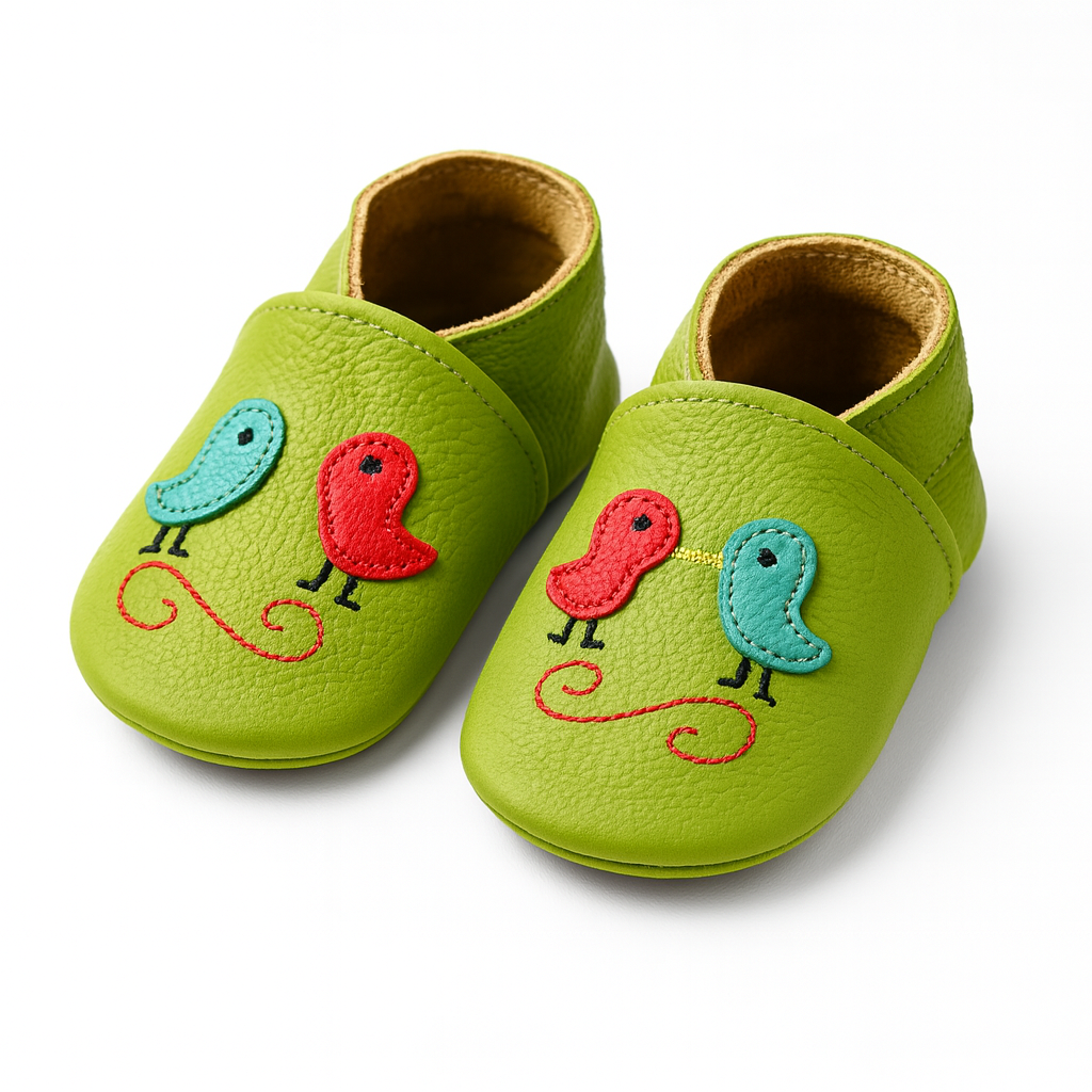 Front view of green birds design genuine leather baby booties