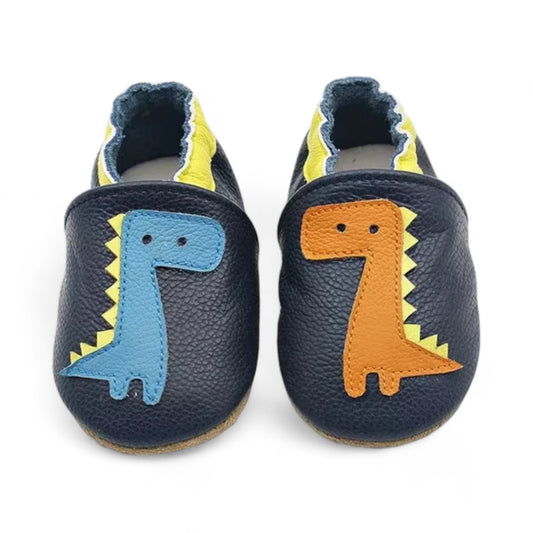 Genuine Leather Baby First Walking Shoes with Dinosaur Design, Non-Slip Sole, 0-3 Years, Navy Blue