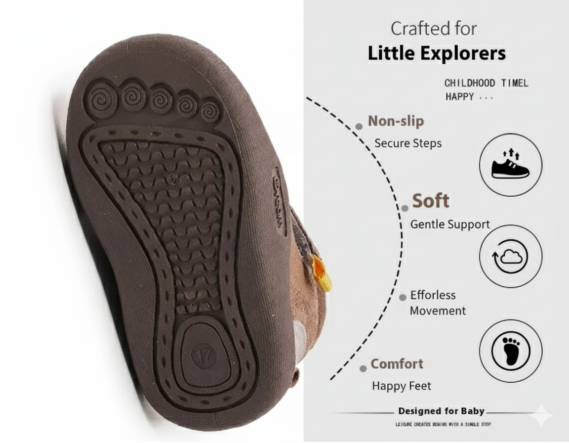 Footbed detail of warm unisex winter baby boots with a non-slip first walker sole