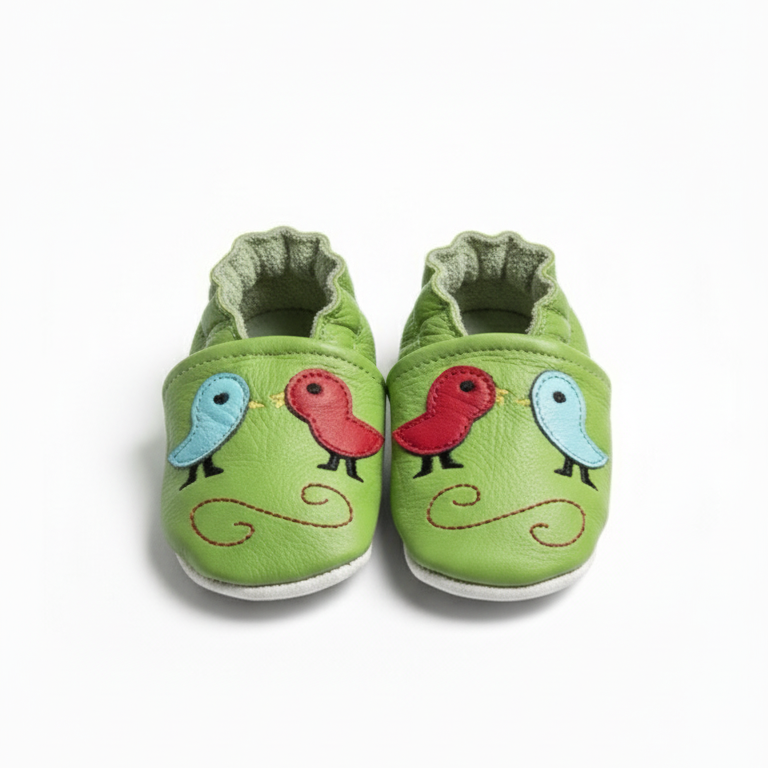 Footbed detail of green birds design genuine leather baby booties