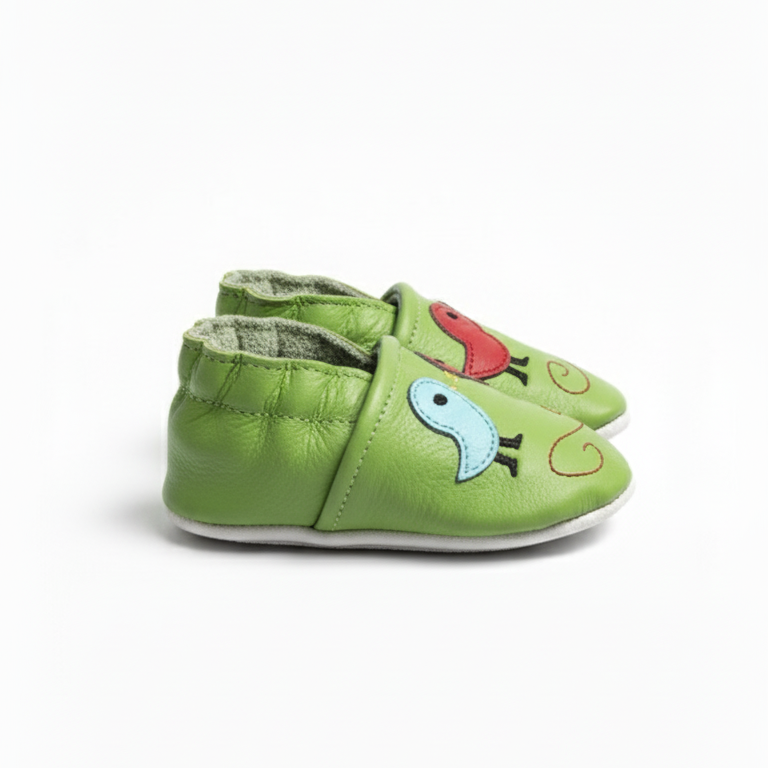 Sole and tread detail of green birds design genuine leather baby booties