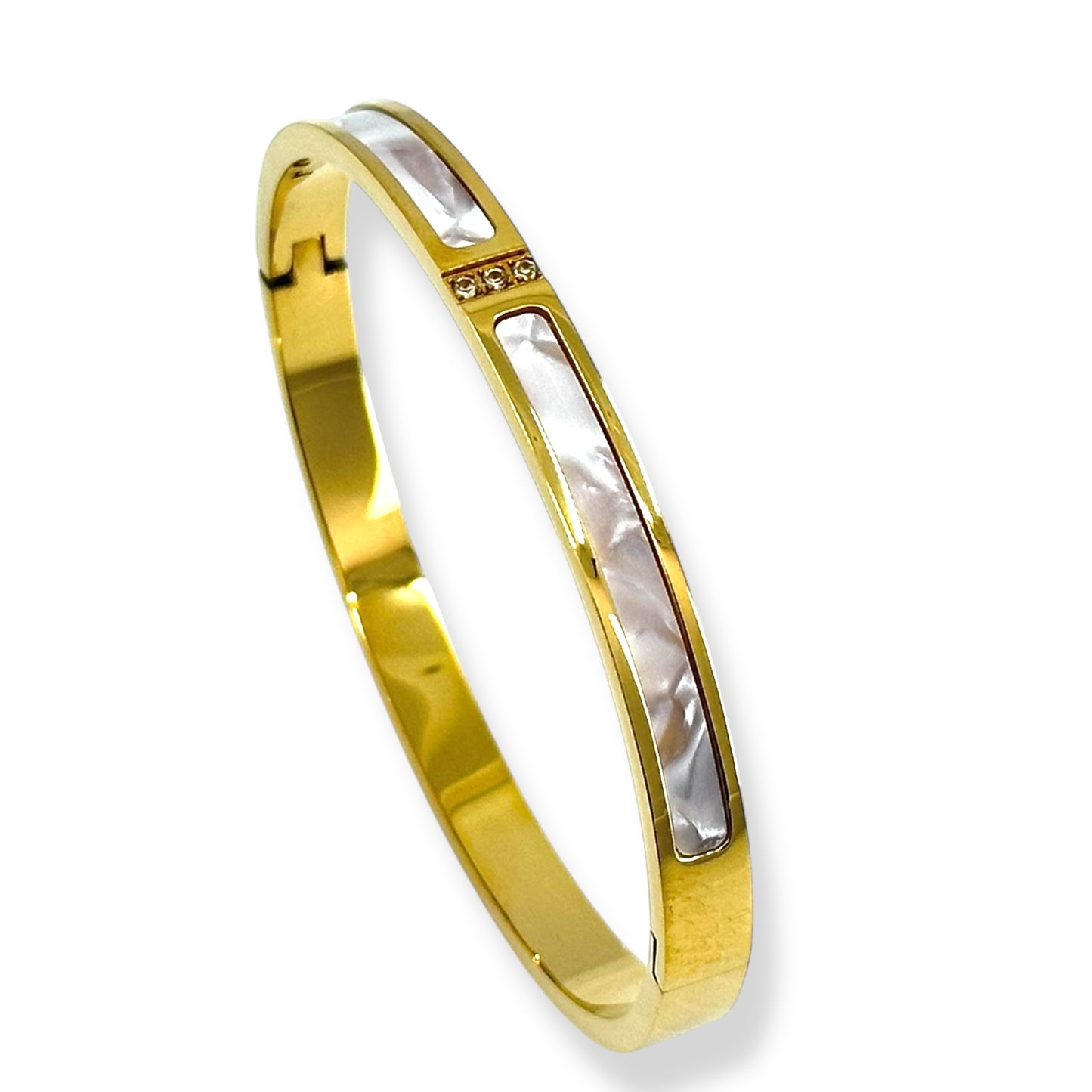 Gold Stainless Steel Bracelet with Mother of Pearl and Zircon – Elegant and Durable Jewelry for Women