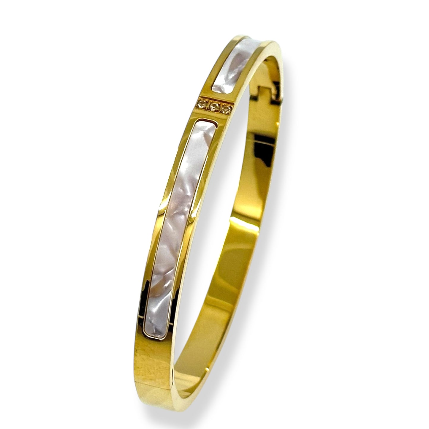 Gold Stainless Steel Bracelet with Mother of Pearl and Zircon – Elegant and Durable Jewelry for Women