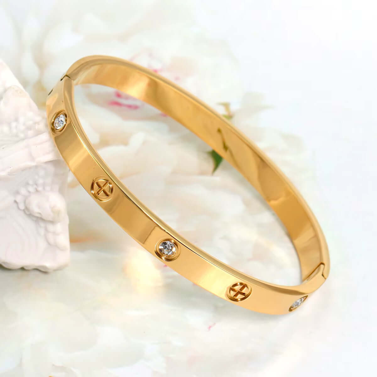 Radiant Gold Stainless Steel Cuff Bracelet with Zirconia Stones