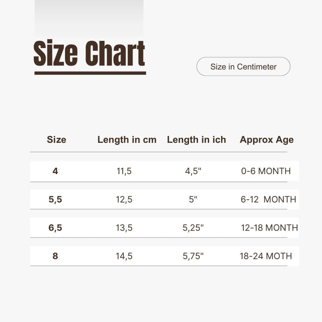 Size chart for handmade genuine leather baby booties
