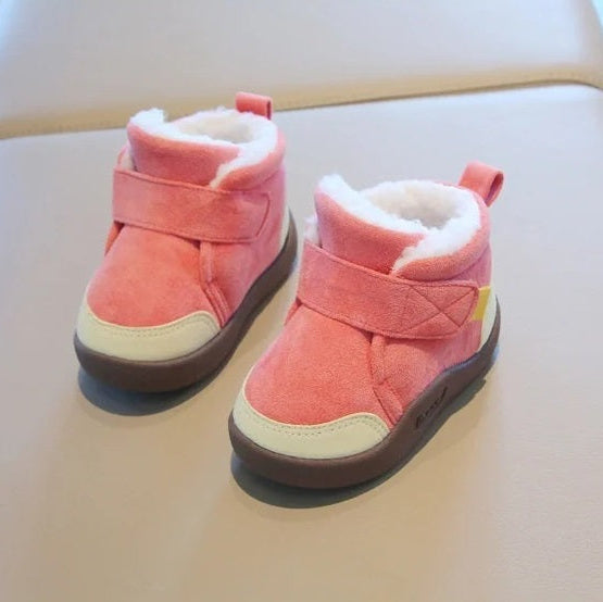 Toe and upper detail of warm unisex winter baby boots with a non-slip first walker sole