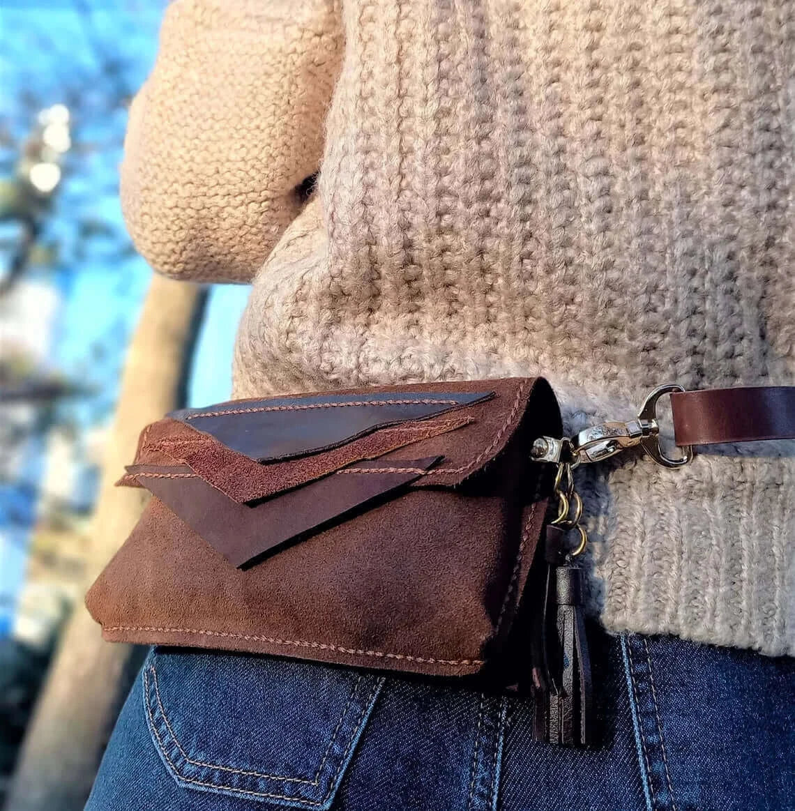 Triangle Brown Leather Fanny Pack 01