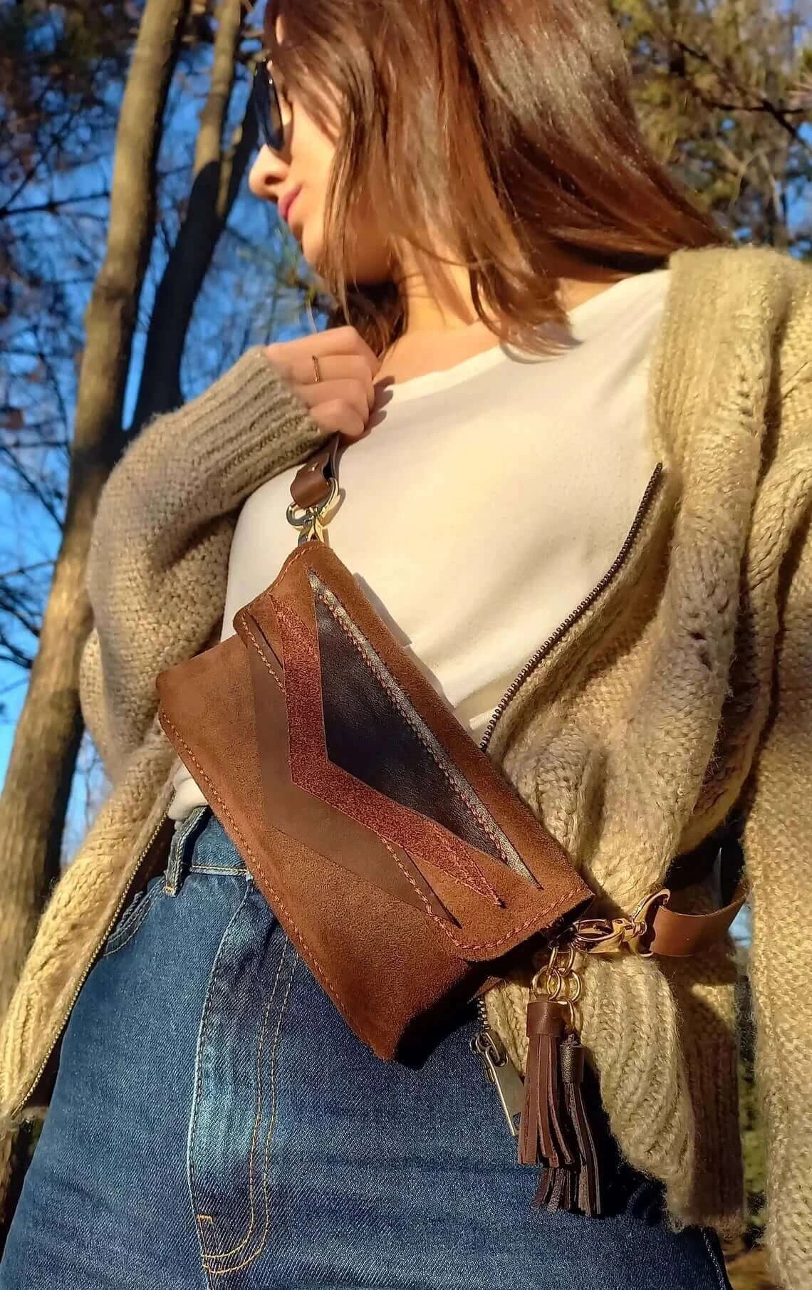 Triangle Brown Leather Fanny Pack 01