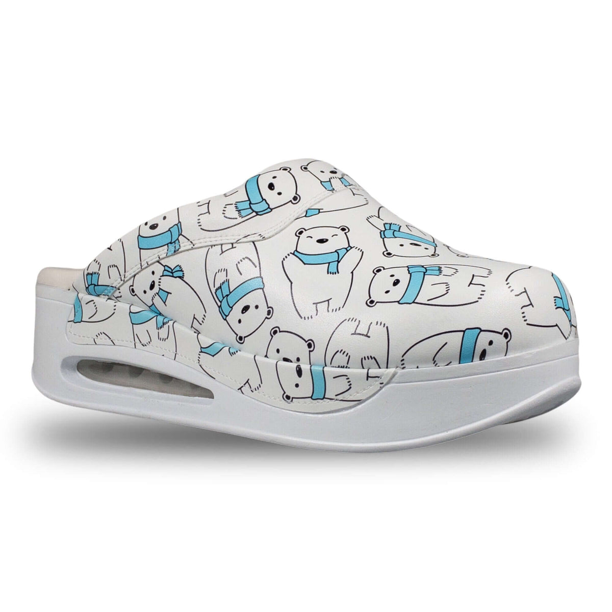 Top-down view of handmade polar bear design leather clogs with an Air Clogx sole