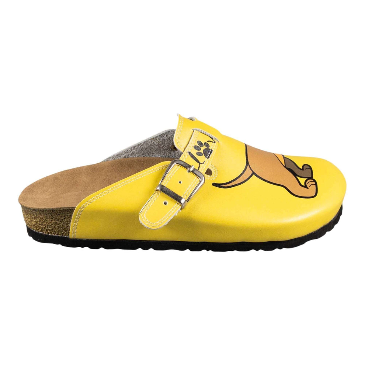 Sausage dog print leather cork sole clogs worn on the foot