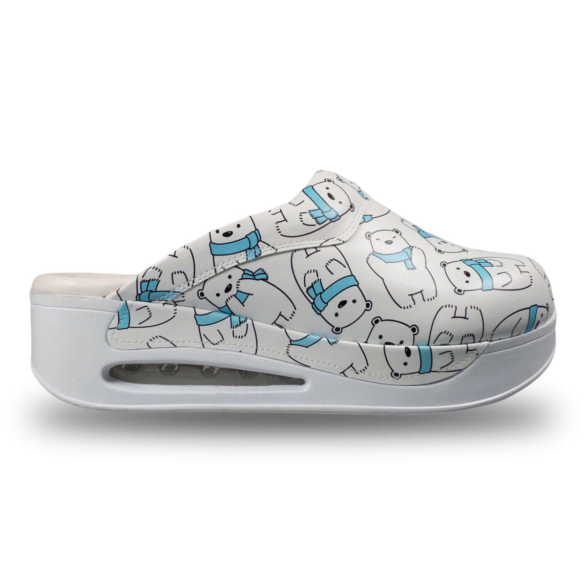A pair of handmade polar bear design leather clogs with an Air Clogx sole placed side by side