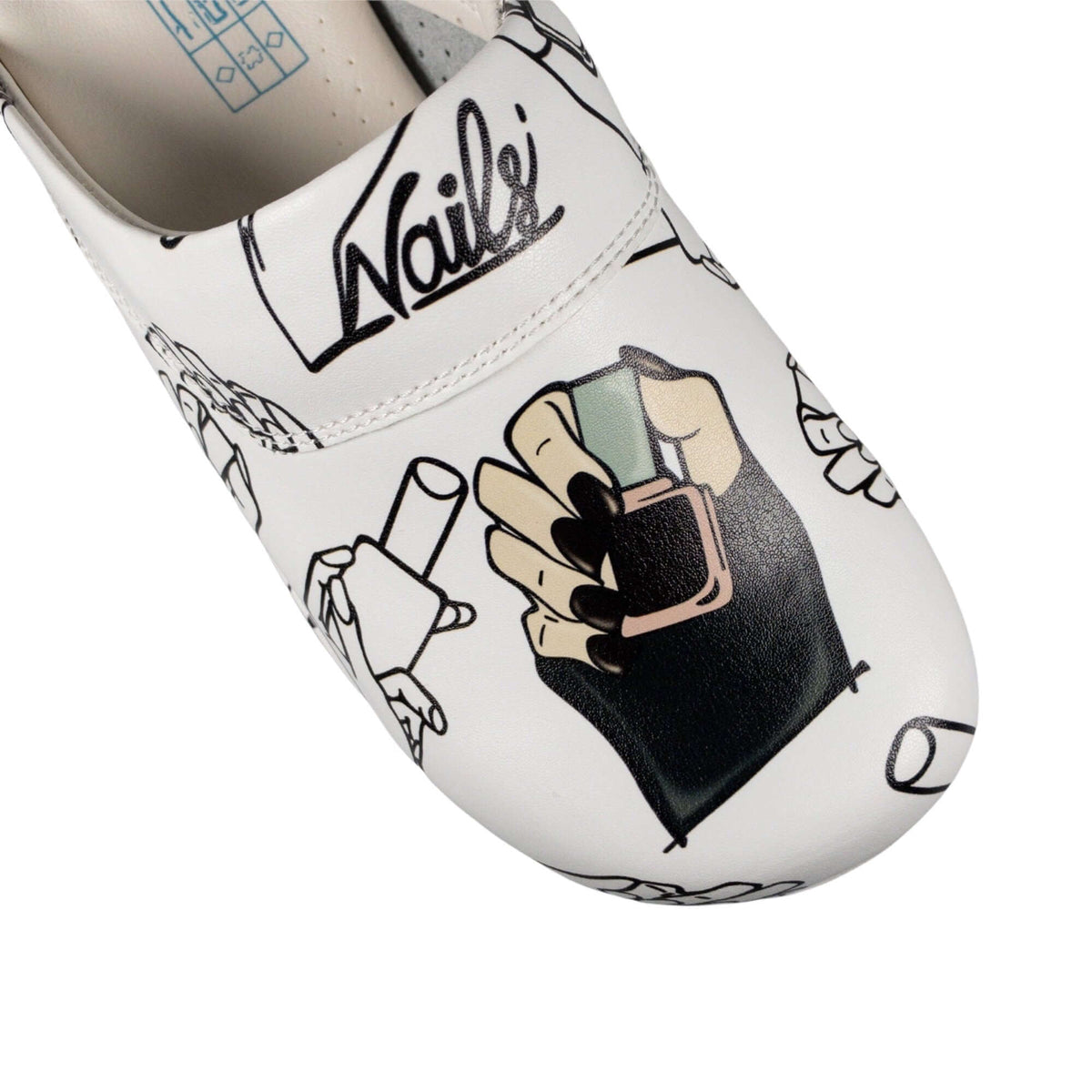 Footbed detail of handmade nail pattern leather clogs with an Air Clogx sole