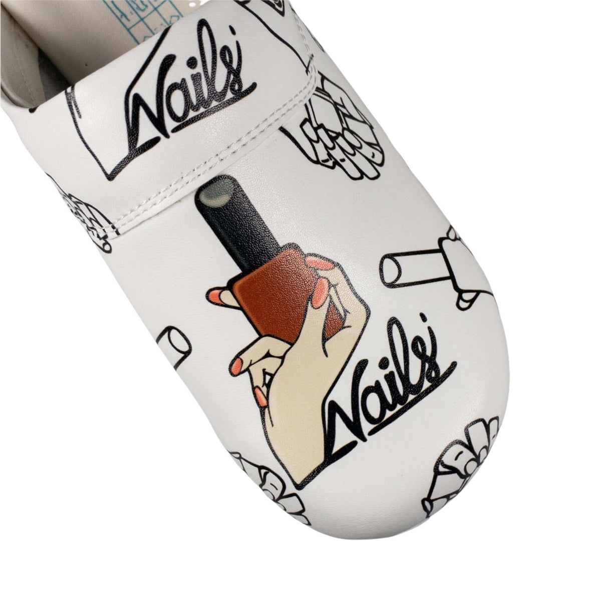 Handmade nail pattern leather clogs with an Air Clogx sole worn on the foot