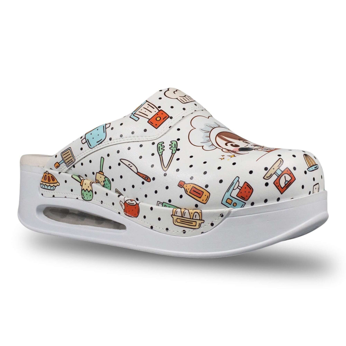 Handmade chef girl design leather clogs with an Air Clogx sole worn on the foot