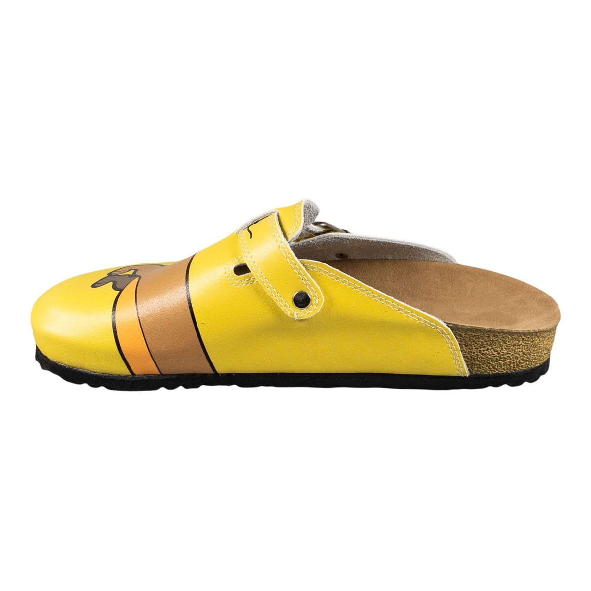 Pair of sausage dog leather cork sole clogs side by side