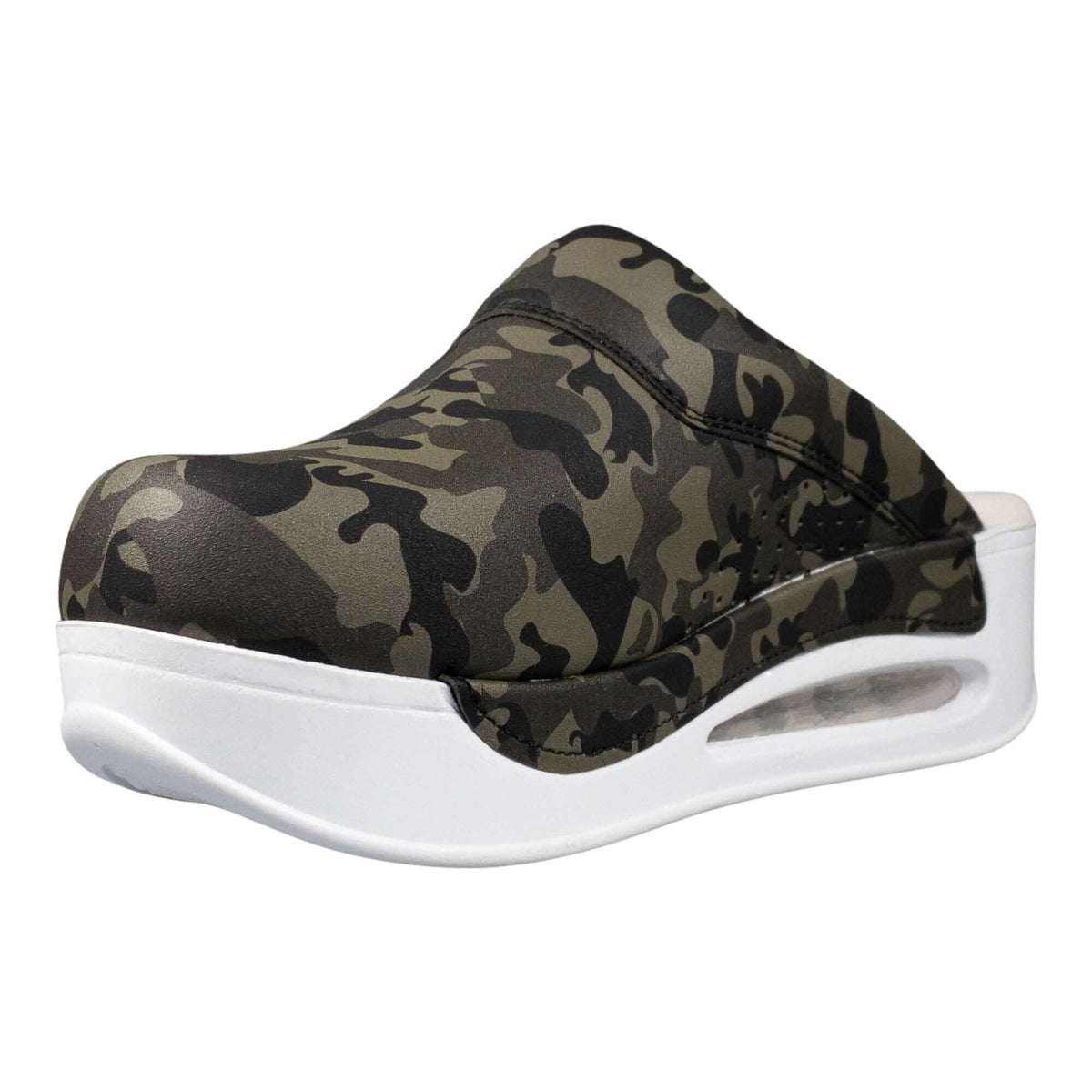 Top-down view of camouflage leather clogs with a white Air Clogx sole