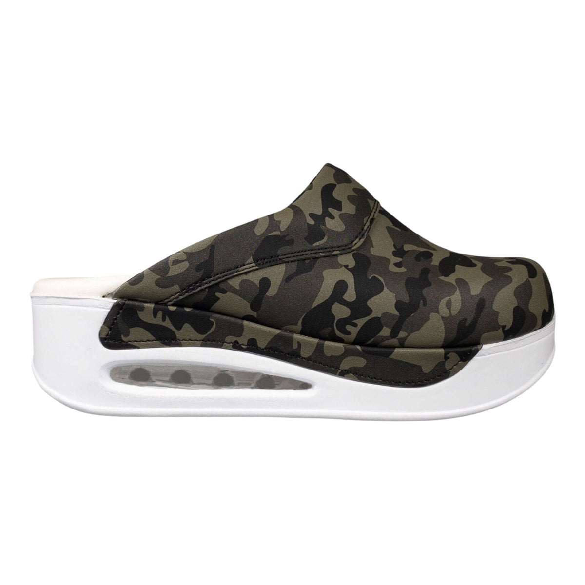 Footbed detail of camouflage leather clogs with a white Air Clogx sole