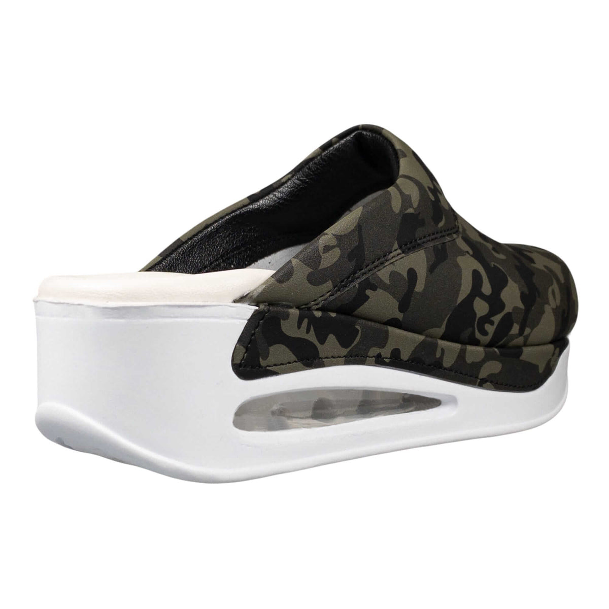 A pair of camouflage leather clogs with a white Air Clogx sole placed side by side