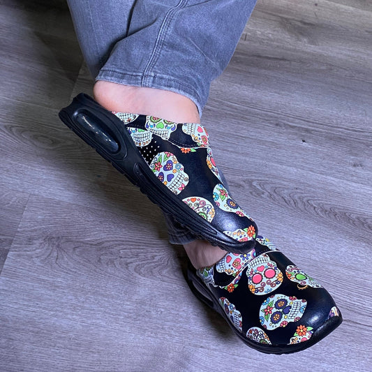 Skull Flower Men’s Women's Leather Clogs Slippers Mules Handmade, High Heel, Platform, Gift for Him, Gift for Men, Slip Resistant