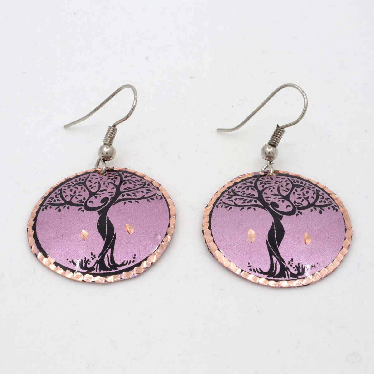 Handcrafted lavender tree copper circle earrings displayed on a plain background