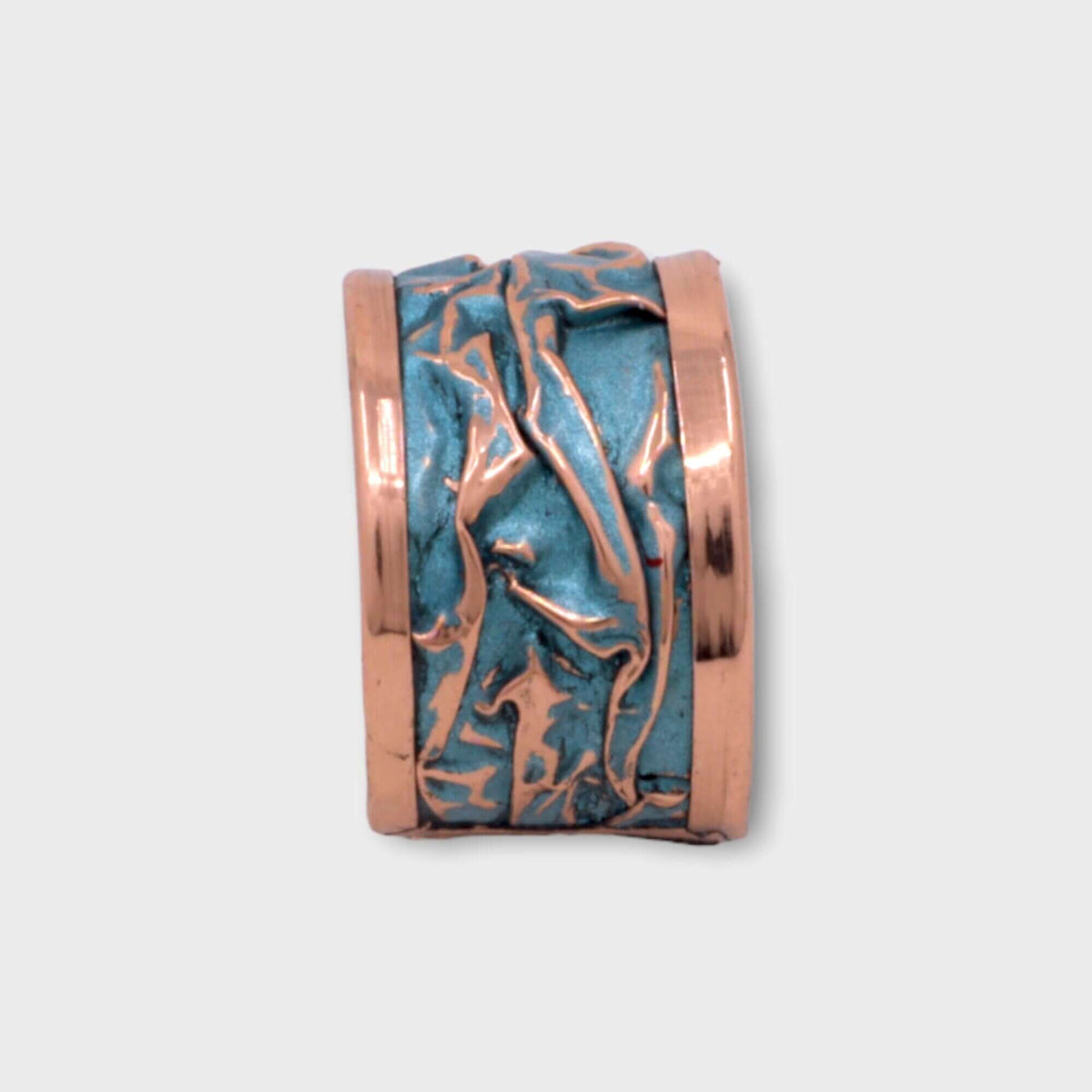 Side angle of turquoise wrinkled copper adjustable ring