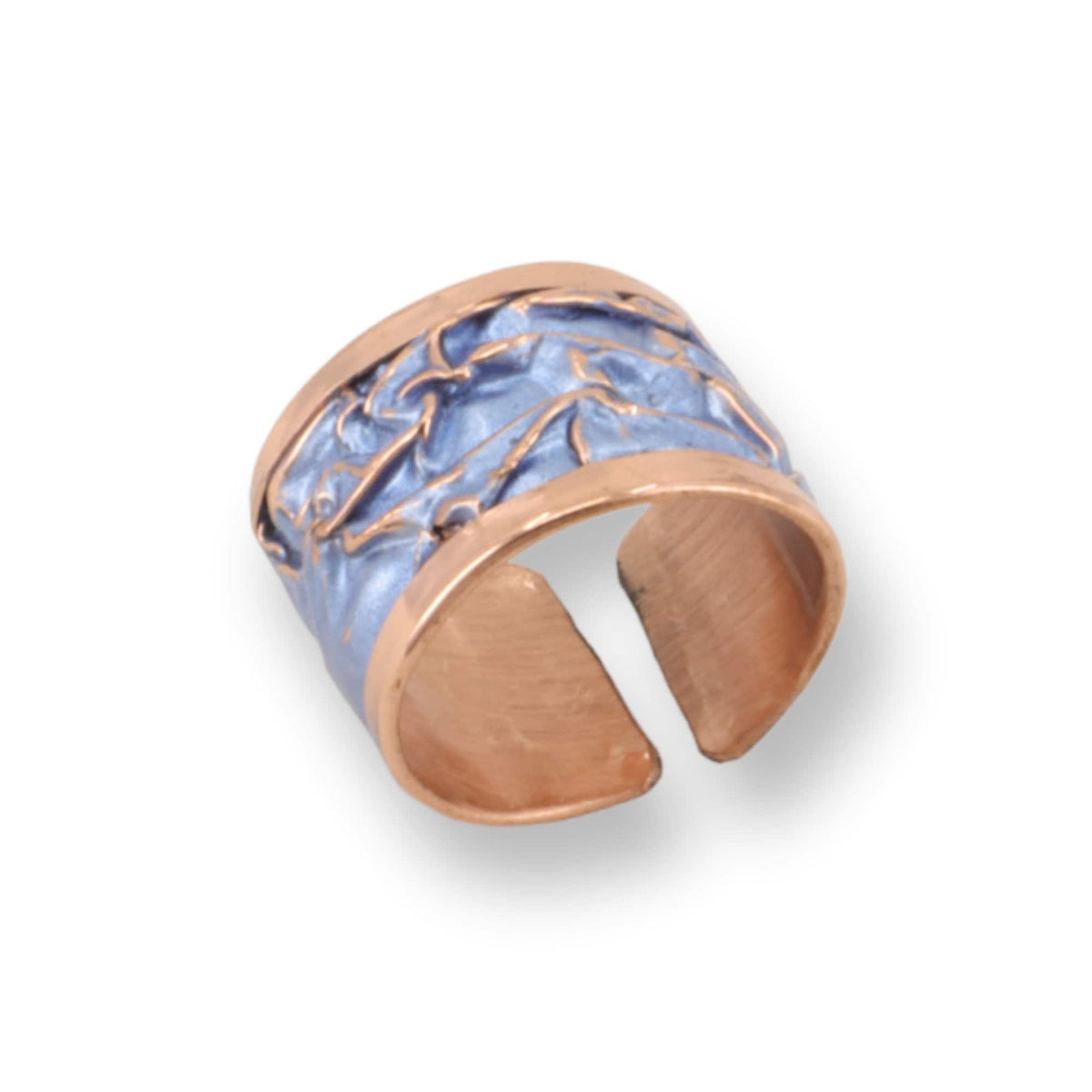 Close-up of the adjustable open band on handmade blue wrinkled copper adjustable ring