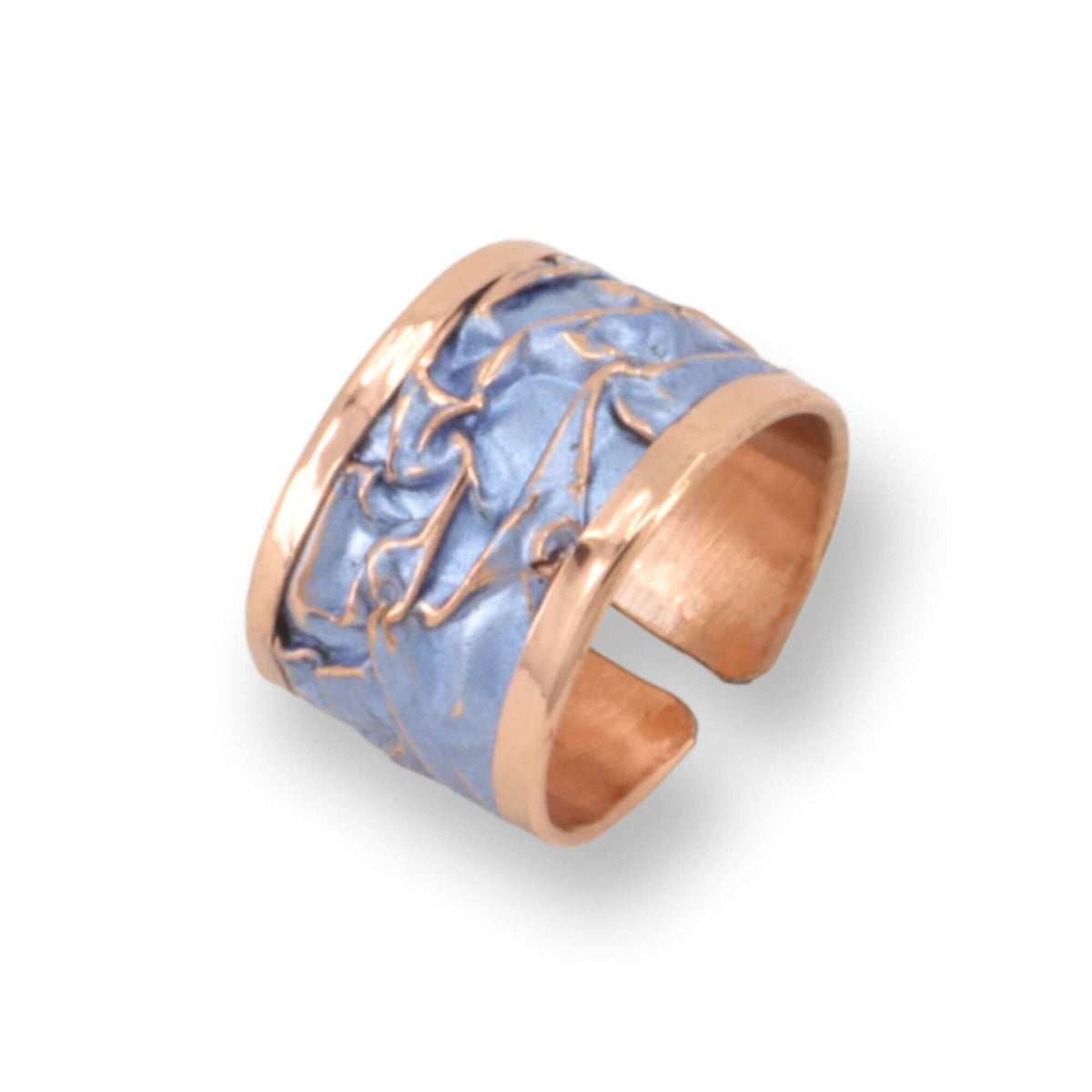 Top-down view of handmade blue wrinkled copper adjustable ring