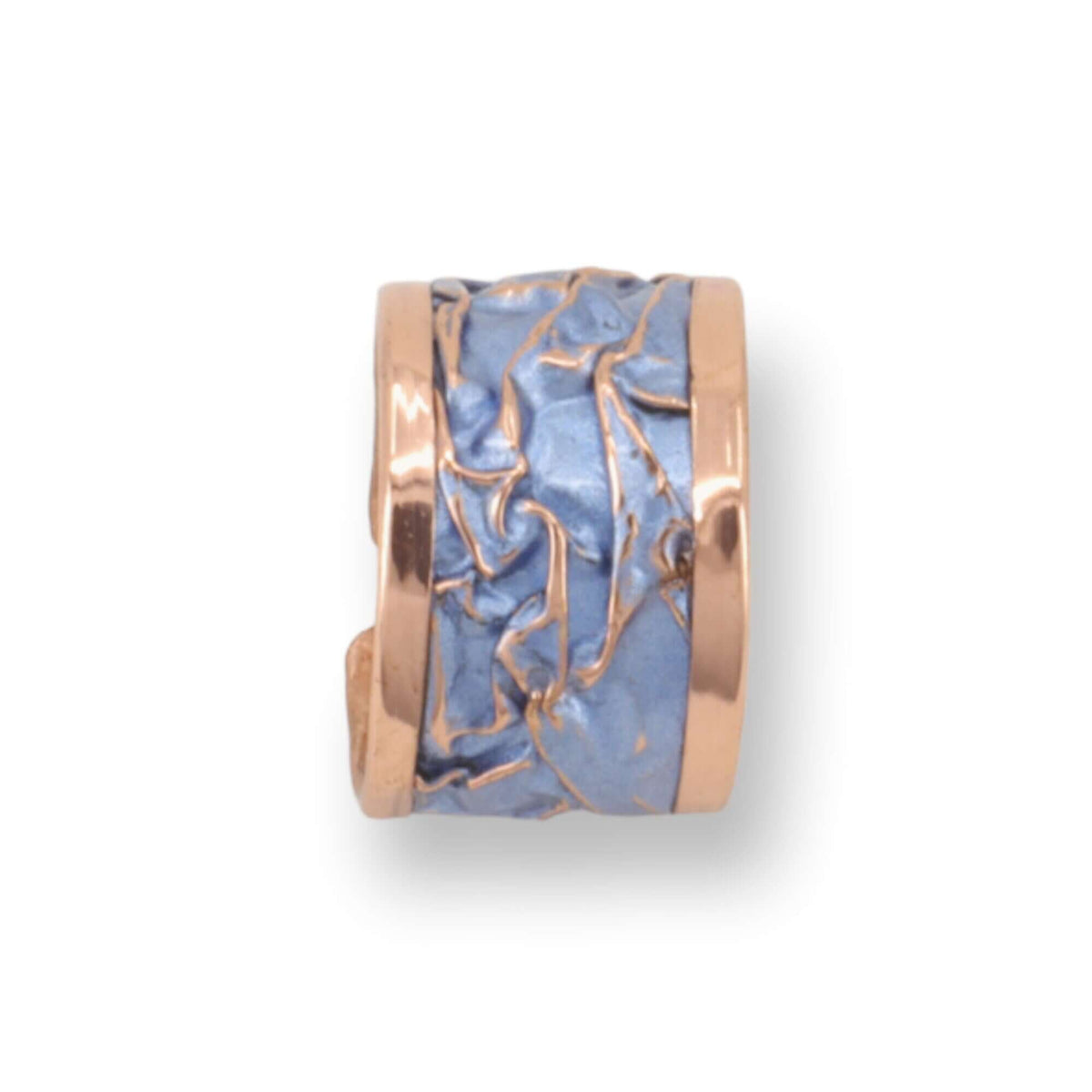 Handmade blue wrinkled copper adjustable ring displayed on a plain background