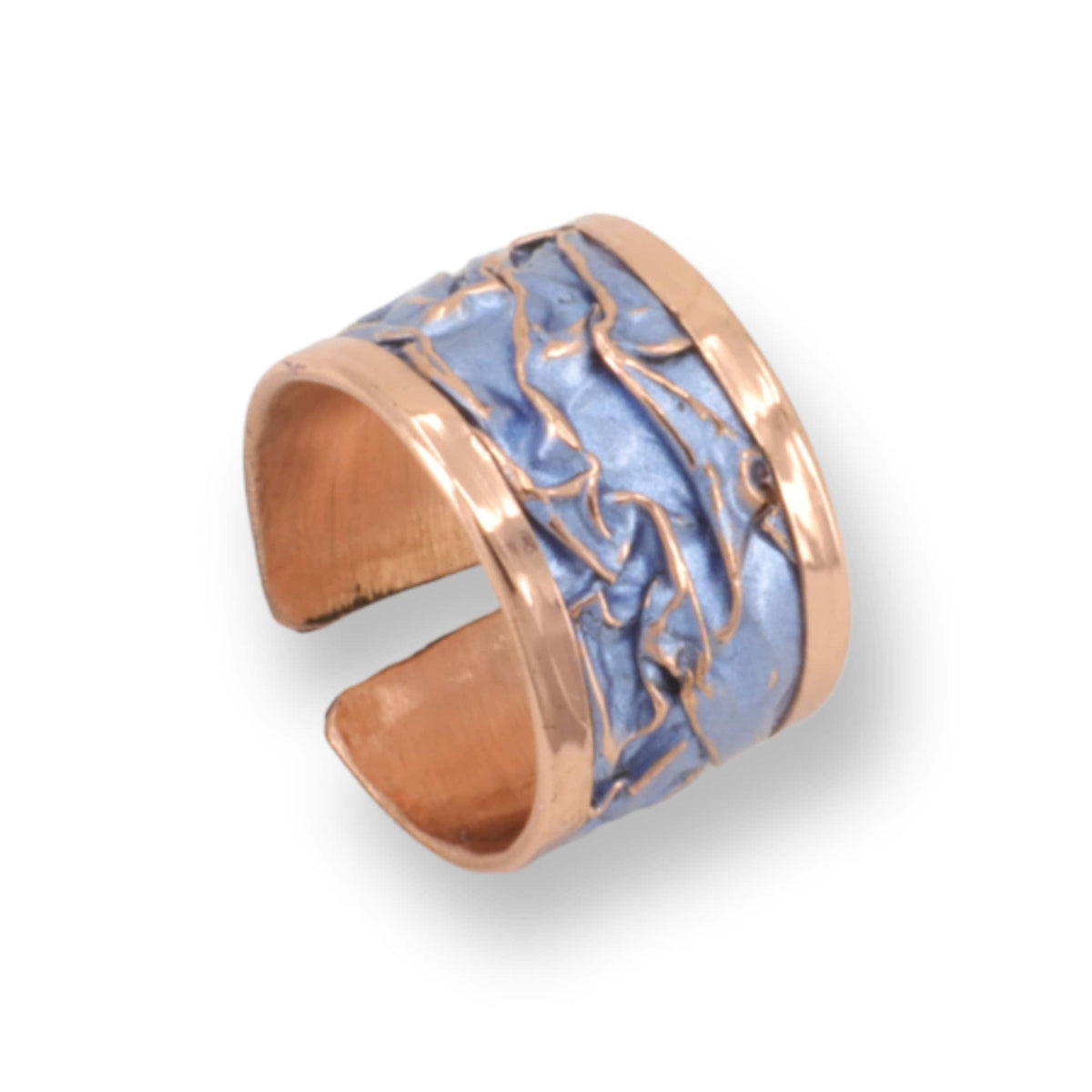 Handmade blue wrinkled copper adjustable ring shown next to a hand for scale
