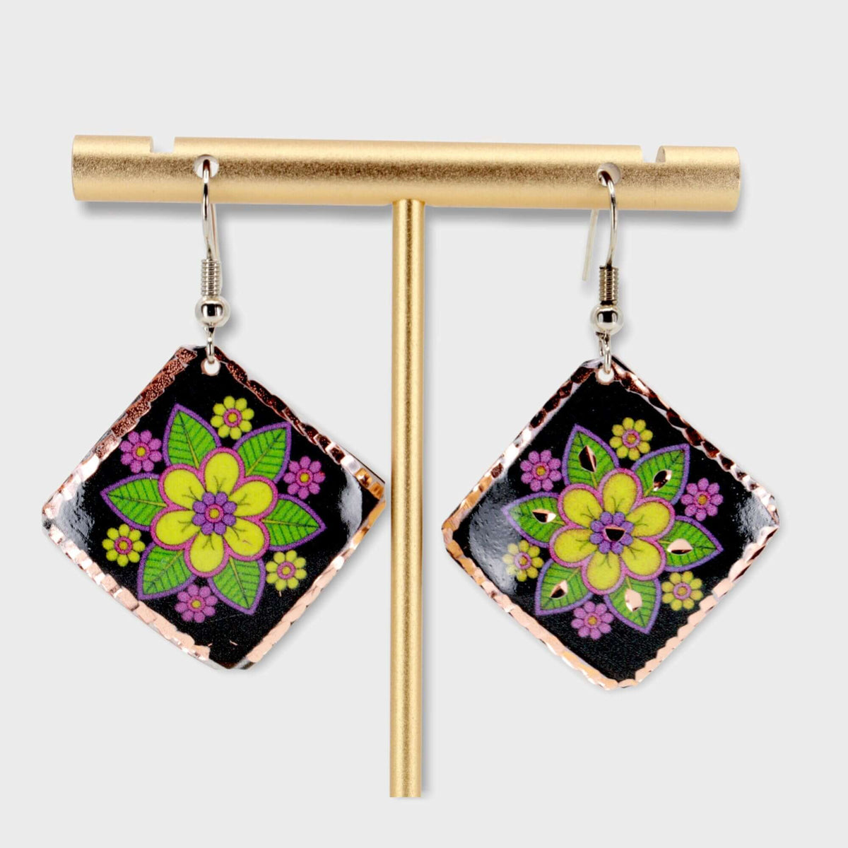 Front view of handcrafted square yellow flower copper earrings